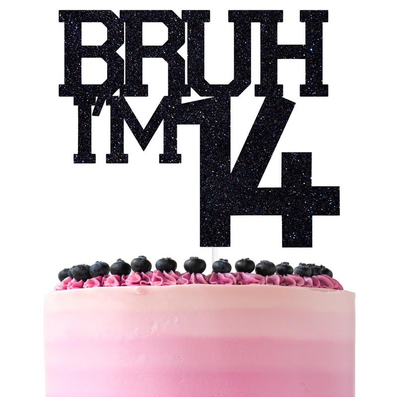 ZACHAKO Black Glitter Bruh I'm 14 Cake Topper  Happy 14th Birthday/Bro I'm 14  Funny 14th Birthday Party Decorations - Image 1